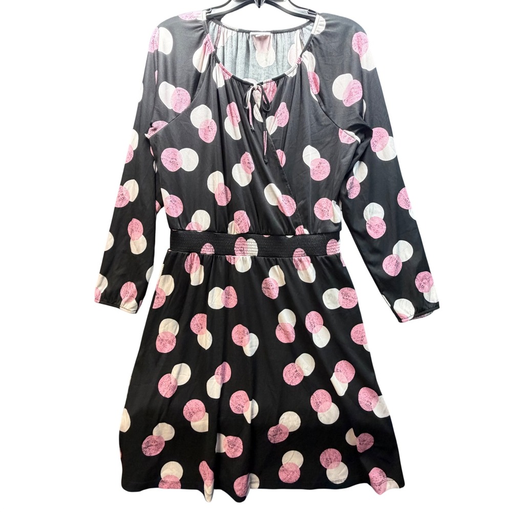 LuLaRoe Dress Women Medium Black Pink Polka Dot Smocked Waist Faux Wrap Midi Tie